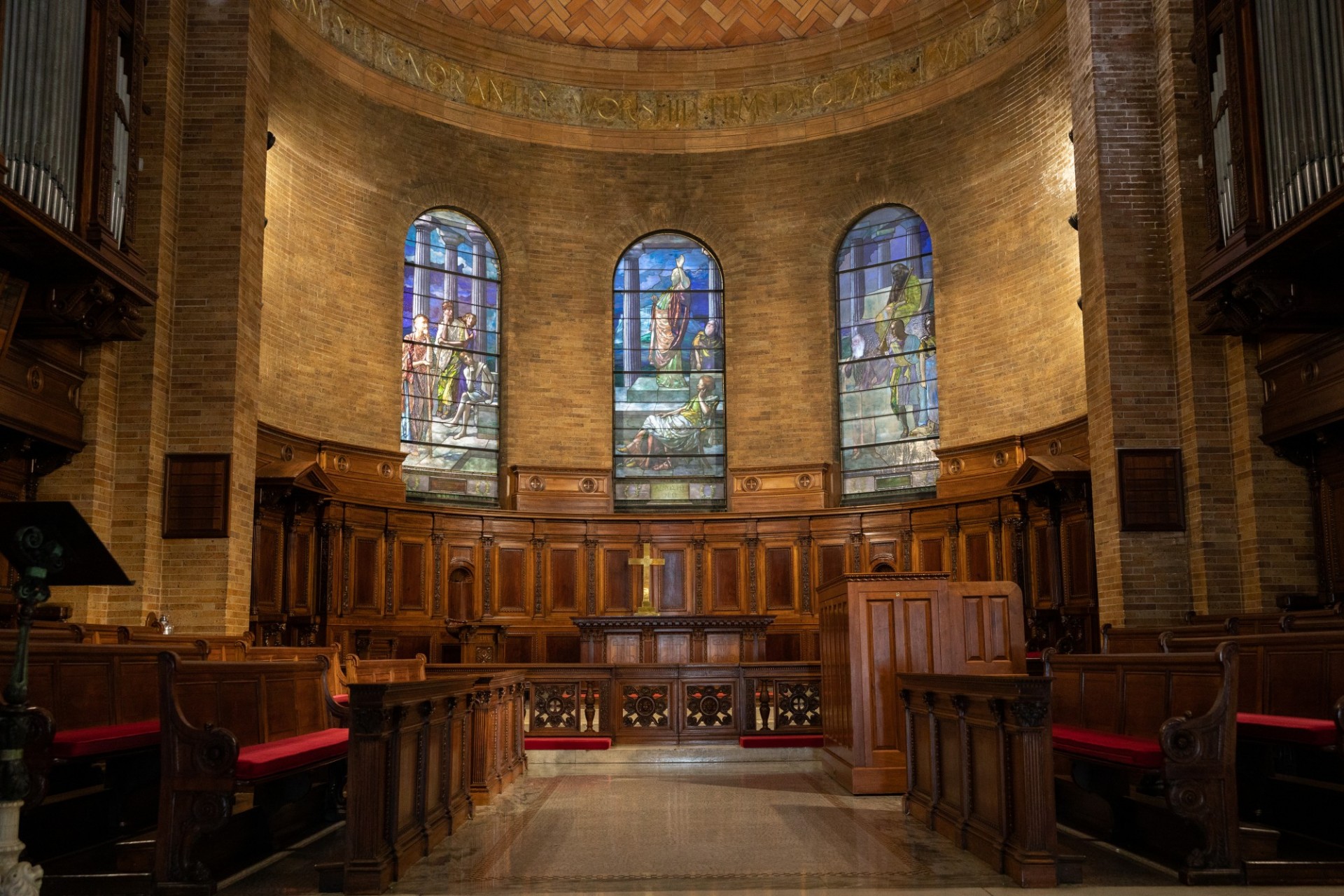 Picture of the three stained glass windows in St. Paul's Chapel sacred space. 